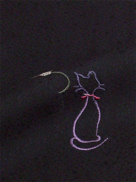 洗える着物 刺繍小紋 猫柄 黒 光触媒消臭