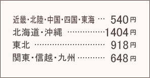 送料は北海道・沖縄は1000円、秋田、青森、岩手は840円、その他の地域は630円です