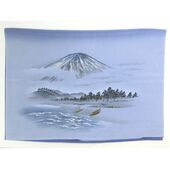 Japanese painting on silk fabric, Japanese-style landscape, Mt.fuji and Boats at the beach with pine tree forest, ground color blue