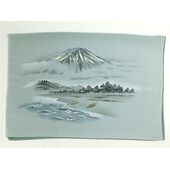 Japanese painting on silk fabric, Japanese-style landscape, Mt.fuji and Boats at the beach with pine tree forest, ground color green