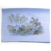 Japanese painting on silk fabric, Japanese-style landscape, waterfall and house, ground color blue