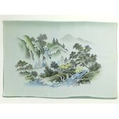 Japanese painting on silk fabric, Japanese-style landscape, waterfall and house, ground color green