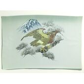 Japanese painting on silk fabric, Hawk and Mt.Fuji, ground color green