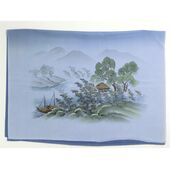 Japanese painting on silk fabric, Japanese-style landscape, house and boats at lakeside, ground color blue