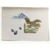 Japanese painting on silk fabric, Japanese symbol of good fortune（1st Mt.Fuji 2st fouk 3rd waterplant / Ichifuji,Nitaka,Sannnasubi）, ground color brown