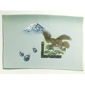 Japanese painting on silk fabric, Japanese symbol of good fortune（1st Mt.Fuji 2st fouk 3rd waterplant / Ichifuji,Nitaka,Sannnasubi）, ground color green