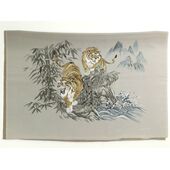Japanese painting on silk fabric, Tigers and bamboos, ground color brown
