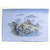 Japanese painting on silk fabric, Japanese-style landscape,mountain and mountain stream, ground color blue