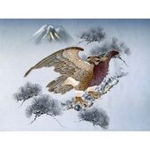 Japanese painting on silk fabric, Hawk and Mt.Fuji, ground color blue