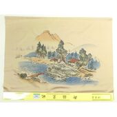 Japanese picture Washable men's kimono, framed lining No.8 House by the lake, light brown