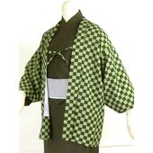 Washable checkered haori lining made to order from green, gray, and mustard