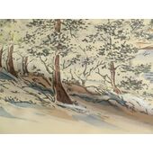 Japanese painting,Washable men's kimono with haori lining No.11 Fuji, a lakeside and a sailing boat Gold beyge