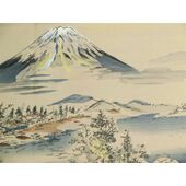 Japanese painting,Washable men's kimono with haori lining No.11 Fuji, a lakeside and a sailing boat Gold beyge