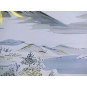 Japanese painting,Washable men's kimono with haori lining No.11 Fuji, a lakeside and a sailing boat Gray