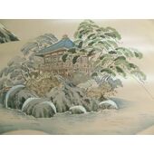 Washable men's kimono with framed lining No.2 Fuji and fan, gray