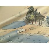 Japanese picture Washable men's kimono, framed lining No.8 House by the lake, light brown