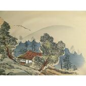 Japanese picture Washable men's kimono, framed lining No.8 House by the lake, light brown