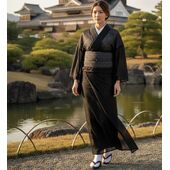 洗える着物 夏物 駒絽 色無地 黒No.1 女性写真