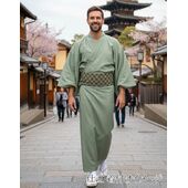 Washable Kimono Men's Kimono Manji（thin stripe） green 44cm Width No.6