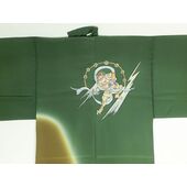 Silk underwear of Men's kimono drowed by hand Fuujin Raijin (Gods of thuder and wind) ship green and brown hiend model