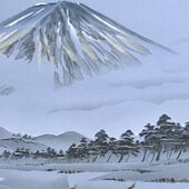 Japanese painting on silk fabric, Japanese-style landscape, Mt.fuji and Boats at the beach with pine tree forest, ground color blue