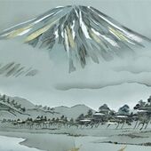 Japanese painting on silk fabric, Japanese-style landscape, Mt.fuji and Boats at the beach with pine tree forest, ground color green