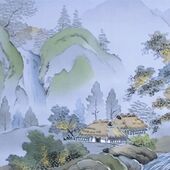Japanese painting on silk fabric, Japanese-style landscape, waterfall and house, ground color blue