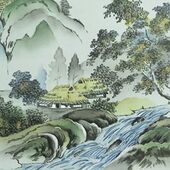 Japanese painting on silk fabric, Japanese-style landscape, waterfall and house, ground color green