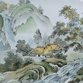 男物 額裏 グレー 和山水 滝と家 「白山」ブランド