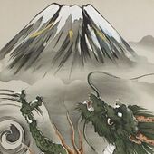 Japanese painting on silk fabric, Auspicious pattern,Mt.Fuji and Dragon, ground color brown