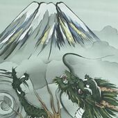 Japanese painting on silk fabric, Auspicious pattern,Mt.Fuji and Dragon, ground color green