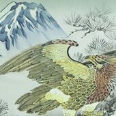 Japanese painting on silk fabric, Hawk and Mt.Fuji, ground color green