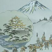 Japanese painting on silk fabric, daimyo's procession（DaimyoGyoretsu） ground color green