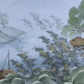 Japanese painting on silk fabric, Japanese-style landscape, house and boats at lakeside, ground color blue