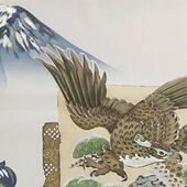 Japanese painting on silk fabric, Japanese symbol of good fortune（1st Mt.Fuji 2st fouk 3rd waterplant / Ichifuji,Nitaka,Sannnasubi）, ground color brown