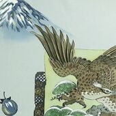 Japanese painting on silk fabric, Japanese symbol of good fortune（1st Mt.Fuji 2st fouk 3rd waterplant / Ichifuji,Nitaka,Sannnasubi）, ground color green