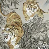 Japanese painting on silk fabric, Tigers and bamboos, ground color brown