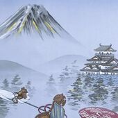 Japanese painting on silk fabric, the fortunes of war, ground color blue