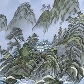 Japanese painting on silk fabric, Chinese-style landscape, Guilin, ground color blue