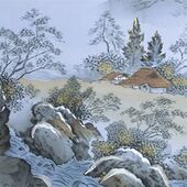 Japanese painting on silk fabric, Japanese-style landscape,mountain and mountain stream, ground color blue