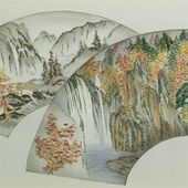 Japanese painting, fan design, white ground with gray blurring