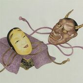 Japanese painting, Noh masks design, white ground with blue blurring