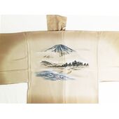 Silk kimono underwear hand screen drowed mount Fuji and Matubara and tree boats desin brown