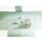 Kimono underwear hand printed landscape with mountain Fuji and boat on lakeside desin green