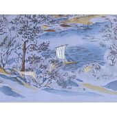 Washable men's japanese picture lining for haori No.11 Mt. Fuji and a sailboat, blue-gray/Kanebo Soafuru