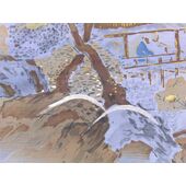 Washable haori's underfablic No.1 Mt.fuji and house at the lake desain blue gray color satin tone cloth