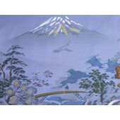 Washable men's kimono (framed lining) No.7 Fuji and raft stream, blue-gray/satin-like fabric