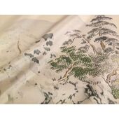 Washable men's kimono, framed lining No.7 Fuji with raft stream, light brown/ satin-like fabric