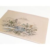 Washable men's kimono, framed lining No.7 Fuji with raft stream, light brown/ satin-like fabric