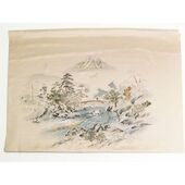 Washable men's kimono, framed lining No.7 Fuji with raft stream, light brown/ satin-like fabric